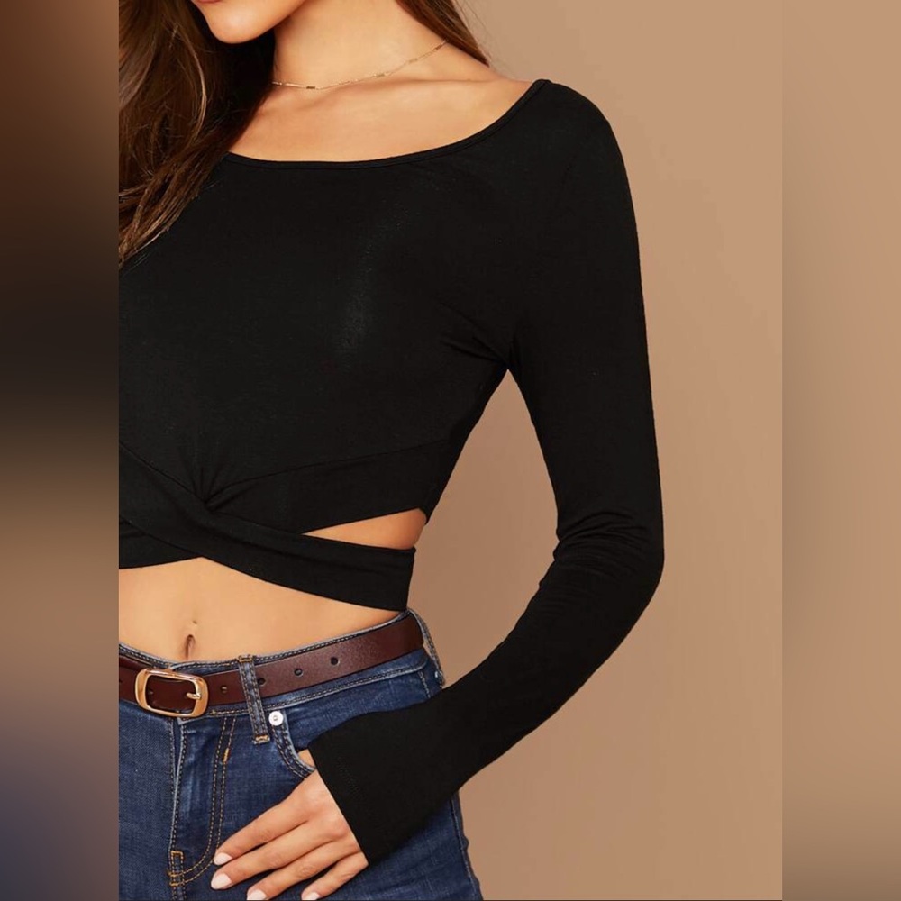 SHEIN Black Crisscross Cut Out Long Sleeve Crop Top Sz XS & S LIKE NEW - Picture 5 of 6